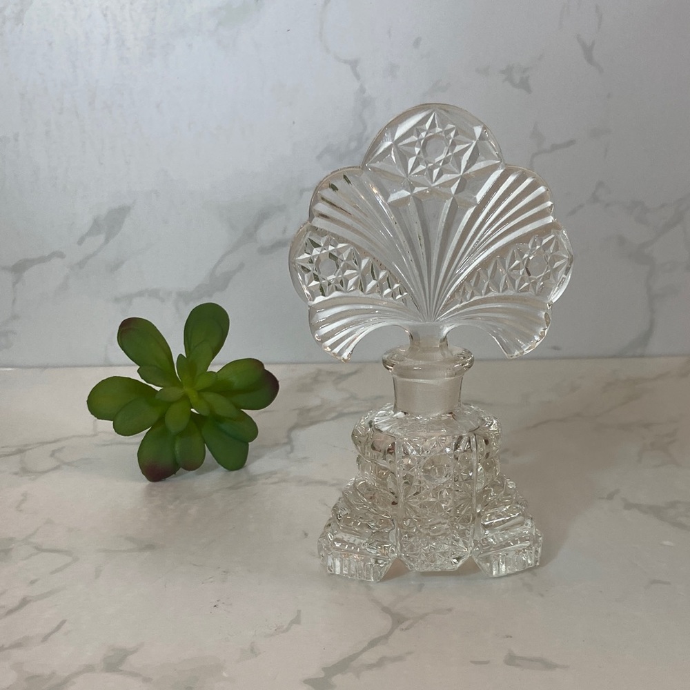 Vintage Czech Art Deco Clear Cut Crystal Glass Perfume Bottle Home Beauty Decor
